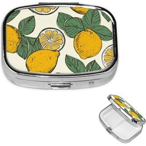 Pillendoosje met spiegel, retro pillendoosje met 2 vakken, citroenfruitpatroon, kleine pillenorganizer voor portemonnee of zak, decoratieve metalen medicijnen, vitamine-organizer, unieke geschenken
