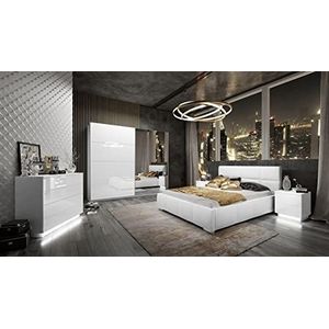LINA II slaapkamer complete set compleet programma wit hoogglans met bedkast ladekast en nachtkastjes 4-delige spiegelschuifdeurkast (160 x 200 cm, 194)