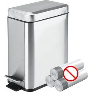Homie Rechthoekige afvalemmer met zachte sluiting, 5 l, met antislip voering en deksel, vuilnismand, dunne zilveren afvalemmer voor badkamer (geborsteld roestvrij staal)