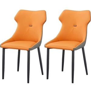 Meal Chairs PU lederen eetkamerstoelen set van 2, keukenstoelen moderne gestoffeerde eetkamerstoelen met zwarte metalen poten for thuiscafé(Orange)