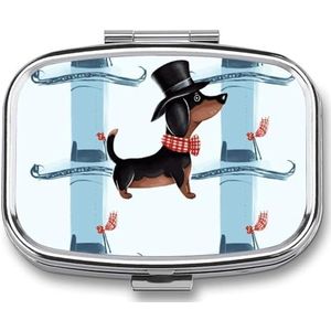 Parijse teckelpil organizer met spiegel, metalen reispillenetui met 2 compartimenten, wekelijkse medicijncontainer voor dagelijkse medicijnen, compact en artistiek ontwerp voor portemonnee, zak of