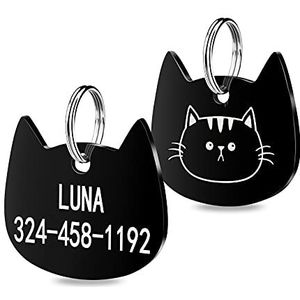 Huisdier-ID-tags, gepersonaliseerde hondenlabels kattenlabels in pootkat gezichtsvormen gegraveerde huisdiernaam en telefoonnummer (gezichtsvorm van zwarte kat)