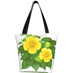 Schoudertas, canvas draagtas grote tas vrouwen casual handtas herbruikbare boodschappentassen, gele bloemen in groene struik, zoals afgebeeld, Eén maat
