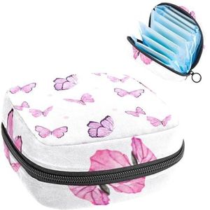 Opbergtas voor maandverband, menstruatiecup zakje tampon tas, menstruatiepads, houder organizer voor vrouwen en meisjes, roze vlinderpatroon