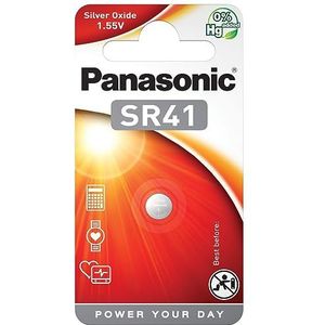 Panasonic SR41 zilveroxide-knoopcel voor horloges, rekenmachines, speelgoed, medische en andere kleine apparaten met hoge energiebehoefte, type SR41, 1,55 V, 1 stuk