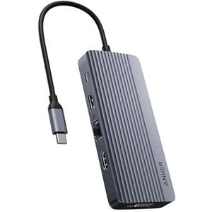 Anker-USB-C-hub voor twee schermen (10-in-1), HDMI-beeld in 4K bij 30 Hz, max. 100 W voeding, USB-C- en USB-A-poorten van 5 Gbps, voor o.a. MacBook-, Lenovo-, Dell XPS-, HP-laptops (exclusief oplader)