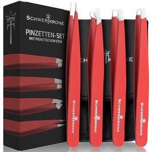 Schwertkrone Pincettenset met etui, 4-delig, rood, roestvrij staal, professionele kwaliteit voor het epileren van wenkbrauwen en ontharing, splinterpincet