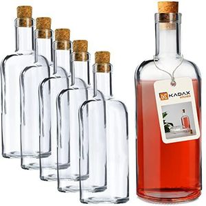 KADAX Glazen fles met kurk, 700 ml fles van natriumcalciumglas, lege borrelflessen, likeurflessenset met natuurlijke stop, oliefles, azijnfles (6 stuks)