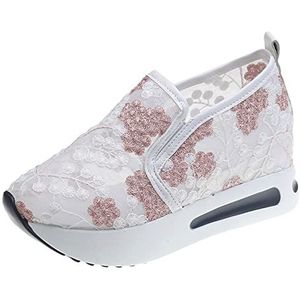 Floral Embroidery Mesh Sneakers for Women,Lace Fashion Platform Walking Work Shoes Height Increasing Wedges Casual Shoes (Color : Pink, Size : 42 EU)