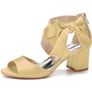 Dames Trouwschoenen met open teen Enkelbandje Blok Dikke hak Bruidssandalen Achterkant Rits Feestjurk Pumps,Goud,35 EU
