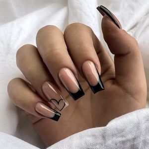 Valse nagels lang, 30 stuks kersenrode amandelvorm nepnagels, bordeaux, glanzende effen kleur Franse nageltips met nagellijm voor vrouwen meisjes Franse zwarte rand hart