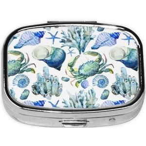 LAMAME Krabschelp Gedrukt Vierkante Pillendoos 2 Compartiment Mini Pillendoos Draagbare Reizen Pil Organizer