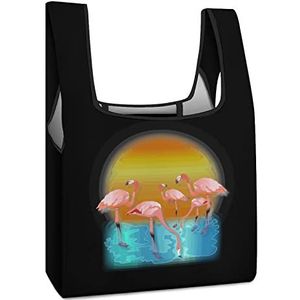 Flamingo Zonsondergang Herbruikbare Boodschappentassen Opvouwbare Boodschappentassen Grote Opvouwbare Tote Bag met Lange Handvatten
