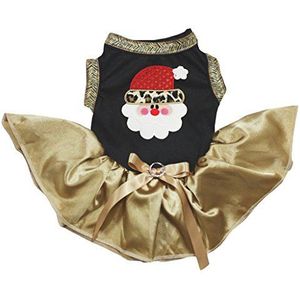 Petitebelle Luipaard Kerstman Gezicht Katoen Shirt Tutu Puppy Hond Jurk, Medium, Zwart/Goud