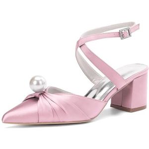 KYEGLO Puntige Hakken Met Blokhak En Parel Voor Dames & Sandalen Met Dichte Neus, Dikke Hak En Gekruiste Enkelbandjes - Ideaal Voor Bruiloften En Werk,Roze,36 EU