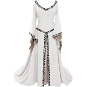 AnyuA Retro renaissance middeleeuwse kostuumjurk voor dames, lange mouwen, gothic, geborduurd, Wit, M