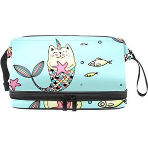 Grote capaciteit reizen cosmetische tas,Kat zeemeermin blauw,Make-up tas,Waterdichte make-up tas organisator, Meerkleurig, 27x15x14 cm/10.6x5.9x5.5 in