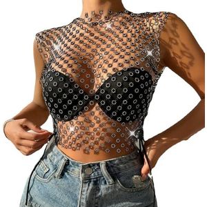 CakfLjkhl Dames Sexy Sheer Crop Tank Top Strass Doorzichtig Hollow Out Mouwloos Uitgaan Visnet Top,zwart,L