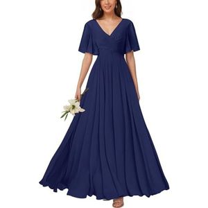 KURFACE Bruidsmeisjesjurken met V-hals en mouwen voor dames, geplooid, chiffon, bruidsmeisje, vloerlengte, formele feestjurk, Donkerblauw, 32