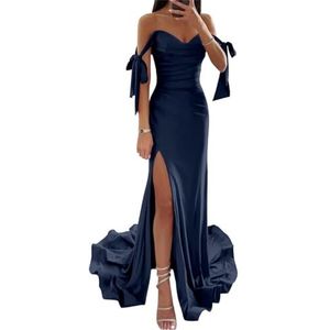 WSEYU Off Shoulder Satijn Bruidsmeisjes Jurken Zeemeermin Prom Jurk Corset Formele Avondjurk Hoge Split Bruiloft Gast Jurk, Donkerblauw, 50