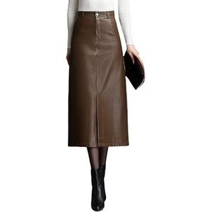 KIJSKKOPO Dames Midi Leren Rokken Met Split Aan De Voorkant, Rode Hoge Taille Knoopsluiting Zijzakken A Lijn Kokerrok Sexy Bodycon Dagelijks Feest Kantoor Elegante Pu Lange Rok Bruin M