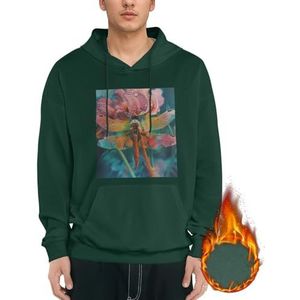 Libelle En Bloem Print Mannen Casual Wear Fleece Hoodie Warm Herfst En Winter Sweatshirt Met Capuchon Thermische Hoodie Met Zakken, Donkergroen, M