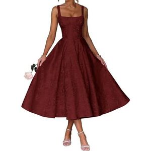 AHERKLL Spaghetti Bandjes Bruidsmeisjes Jurken Bloemen Satijn Jacquard Formele Avond Feest Maxi Jurk Thee Lengte HAH047, wijnrood, 32