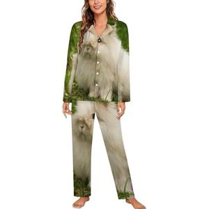 Angora Konijn Vrouwen Lange Mouw Button Down Nachtkleding Zachte Nachtkleding Lounge Pyjama Set S