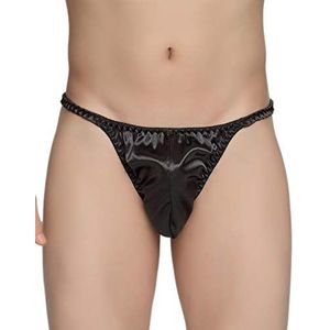 Satini Heren Ondergoed Satijn Tanga Bikini Broekje Broekjes (Zwart, L)