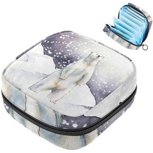 Opbergtas voor maandverband, winter sneeuw ijsbeer wit patroon draagbare menstruatie pad tas, inlegkruisjes tampons maandverband opslag houder voor vrouwen school kantoor