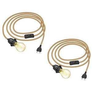 ledscom.de 2 stuks hennep kabel LEKA met stekker, schakelaar en E27 fitting, incl. E27 lamp 471lm goud vintage extra-warm wit