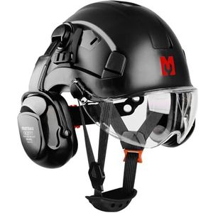 Mustbau Geventileerde veiligheidshelm voor de bouw met doorzichtig vizier, gehoorbescherming, oorbeschermers en kinriem, verstelbare helm van 53 tot 63 cm, voor bosbouw, kettingzaag, industrieel