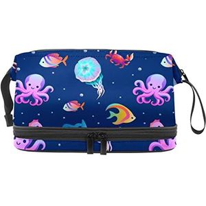 Dubbellaags Cosmetische Tas Paars Octopus Draagbare Make-up Tas Reizen Organizer Pouch Voor Vrouwen Meisjes Toiletries Tassen, Meerkleurig, 27x15x14 cm/10.6x5.9x5.5 in, Make-up zakje