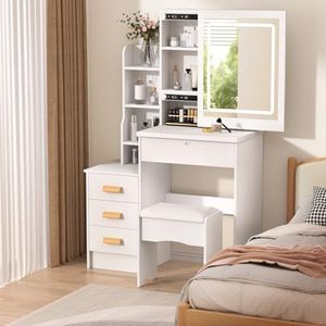 RFEGJVII Make-uptafel met spiegel en kruk, make-uptafel met spiegel, make-uptafel met 6 laden en open planken, moderne slaapkamercommode van hout, make-uptafel met spiegel voor slaapruimte