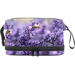 Grote capaciteit reizen cosmetische tas,Lavendel paarse bloem bijen,Make-up tas,Waterdichte make-up tas organisator, Meerkleurig, 27x15x14 cm/10.6x5.9x5.5 in