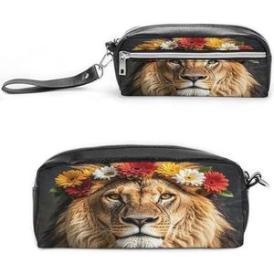 MNVTSKOP Afrikaanse leeuw draagt een bloem op zijn hoofd make-up tas kleine cosmetische reiskoffer draagbare briefpapier organizer voor vrouwen leraar