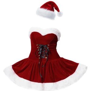 SXHEYUY Sexy damesjurk, kerstmankostuum van fluweel met hoed, rode mini-jurk voor discofeest of verjaardag, rood1, M