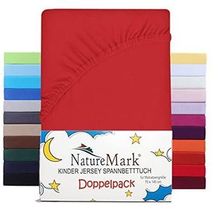NatureMark Set van 2 hoeslakens voor kinderen, jersey, 100% katoen, voor babybed en kinderbed, 70 x 140 cm, rood