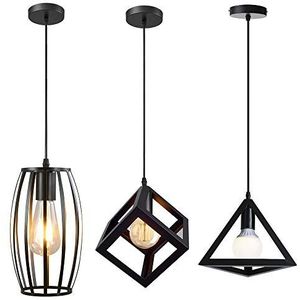 iDEGU 3 hanglampen, modern geometrisch design, E27, kroonluchter, hanglamp, lampenkap, van metaal, plafondlamp voor slaapkamer, woonkamer (zwart - 3 lampen)