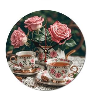 15,7 inch houten moderne wandklok theekopjes met rozen romantisch bedrukt frameloze tijdklokken stijlvolle klok zonder schaal voor thuis slaapkamer badkamer kantoor woonkamer decoratie