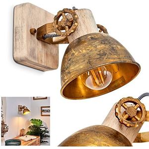 Wandlamp Orny, 1-lamps wandlamp van hout en metaal in bronskleur, industriële/vintage look kamerlamp, 1 x E27, zonder gloeilamp