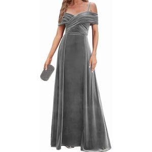 Fluwelen Bruidsmeisjes Jurken Spaghetti Bandjes Prom Jurken Koude Schouder Formele Avond Party Gown ZM191xin, Grijs, 32