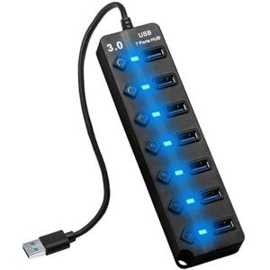 7 poorten USB 3.0 Hub 5 Gbps aangedreven USB-hub met individuele stroomschakelaars en LED-verlichting USB-hub multipoort-adapter voor pc, laptop, printer, Xbox, high-speed USB-poortsplitterstekker,