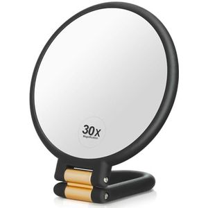Martvex 1x 30x vergrotende reisspiegel, handspiegel met handvat - dubbele zijspiegel met 1x30x vergroting en opvouwbaar handvat, draagbare reismake-up handspiegel voor vrouwen (zwart)