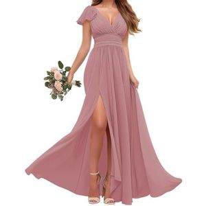 Chiffon bruidsmeisjes jurken met mouw - V-hals Empire taille plooi formele jurk, Stoffige Roos, 36