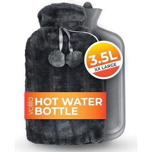 3,5L Extra Grote Warmwaterkruik - Grijs Warmwaterkruik met Imitatiebont voor Pijnverlichting, Hand- en Voetwarmer - Luxe, Zachte en Wasbare Warmwaterzak voor Warme en Koude Kompressen (1 Stuk)
