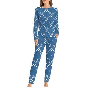 Lacrosse patroon zachte dames pyjama lange mouw warme pasvorm pyjama loungewear sets met zakken 4XL