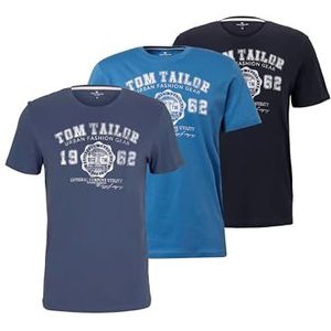 TOM TAILOR Heren T-shirts met logo-print in 3-pack, Mid Summer Blue/Indigo Blue/Knitted Navy, XXL
