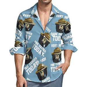 The Bear Fire Danger Overhemd voor heren, button-down shirt met lange mouwen en V-hals, casual tops met normale pasvorm