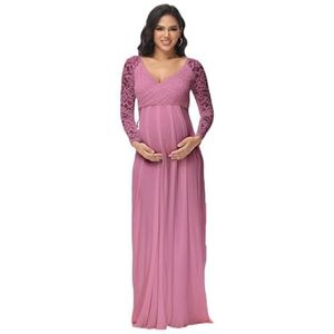WJLYDM Zwangerschapsjurk van kant voor fotografie, V-hals, lange mouwen, maxi, elegante zwangerschapsjurk voor babyshower, fotografie (paars, XL)